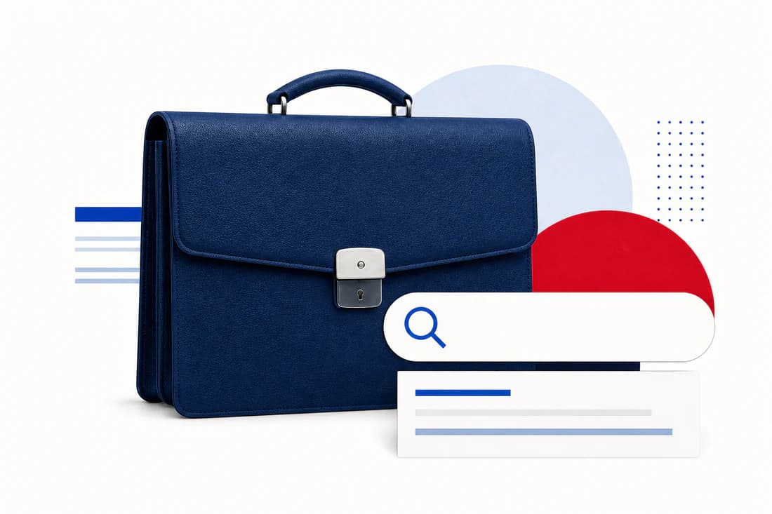 A navy briefcase beside a job-search field