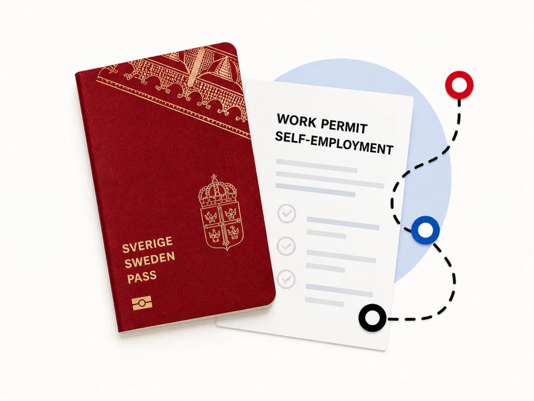 A Swedish passport, work-permit form and route markers