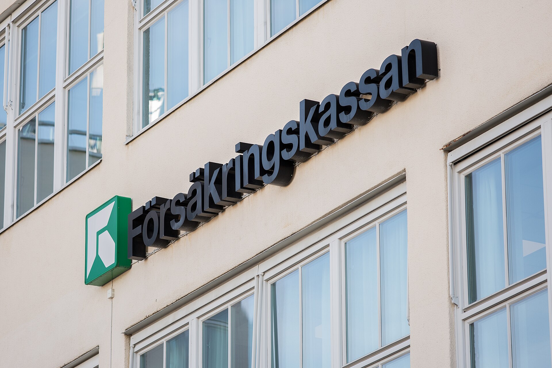 The Försäkringskassan sign on the agency’s main office building in Stockholm.