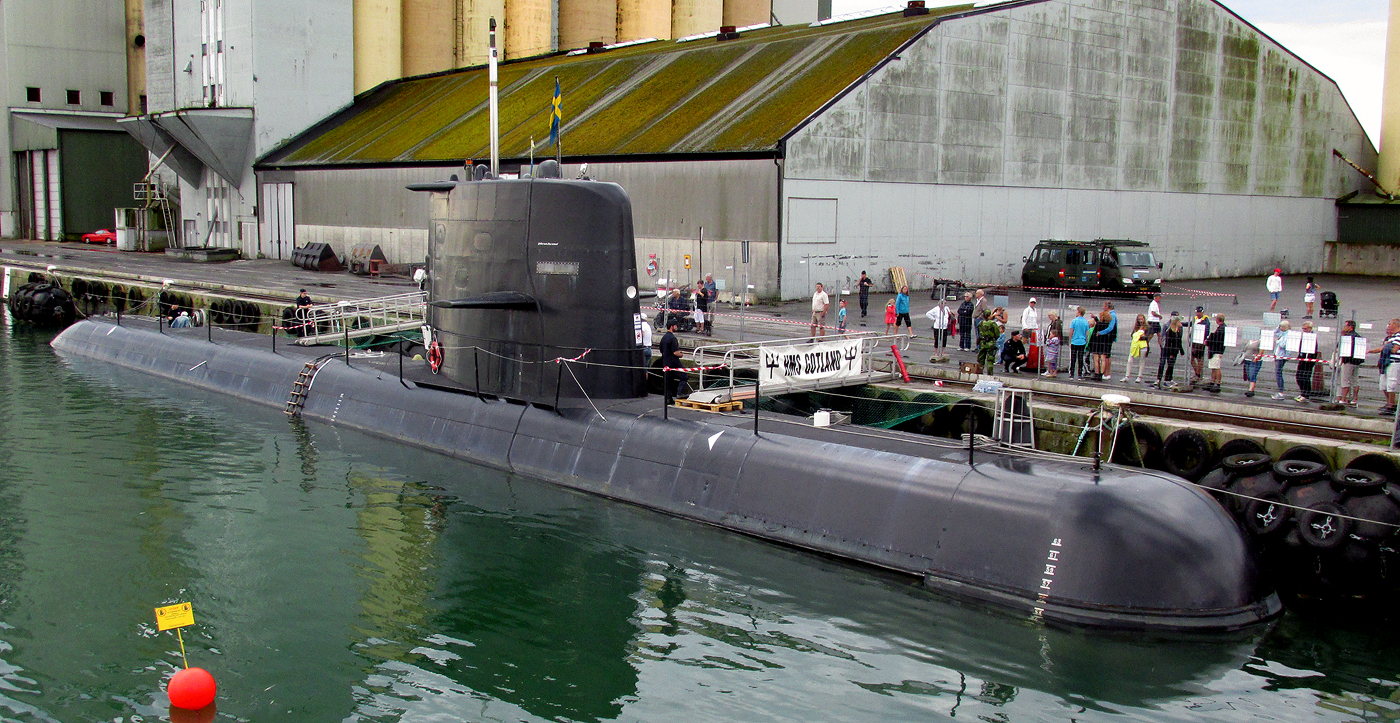 The Swedish Navy submarine HMS Gotland moored in Ystad harbour.