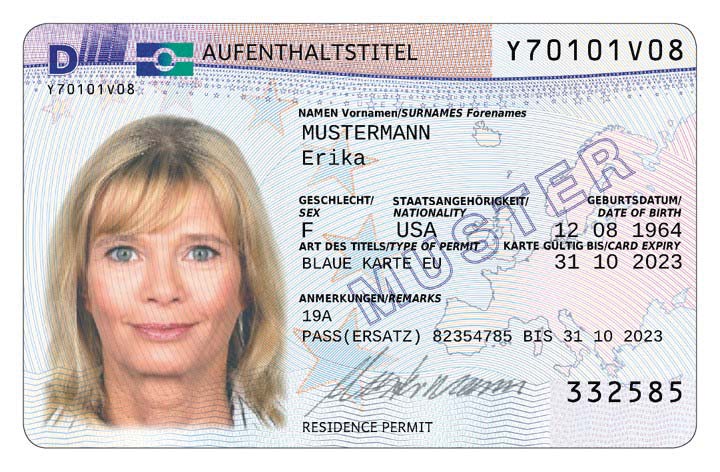 Front side of an EU Blue Card electronic residence permit template