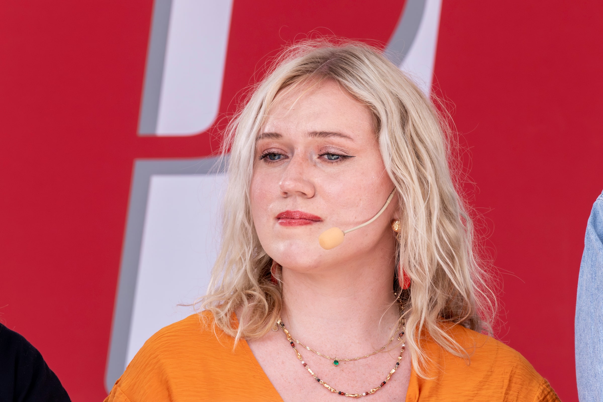 Emelie Rossheim wearing a headset microphone at Almedalen Week in June 2026.