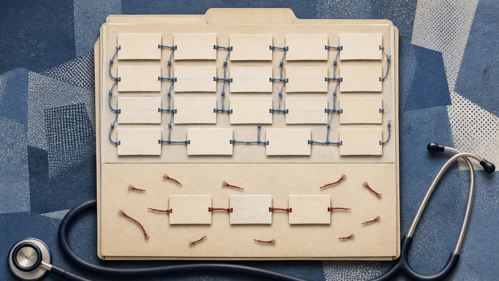 Editorial illustration contrasting many linked clinic records with only a few continuous care links.