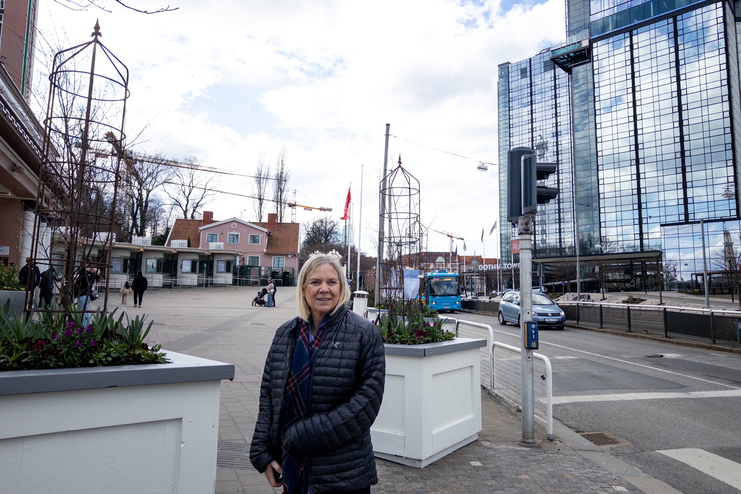 Social Democratic leader Magdalena Andersson stands on a street in Gothenburg.