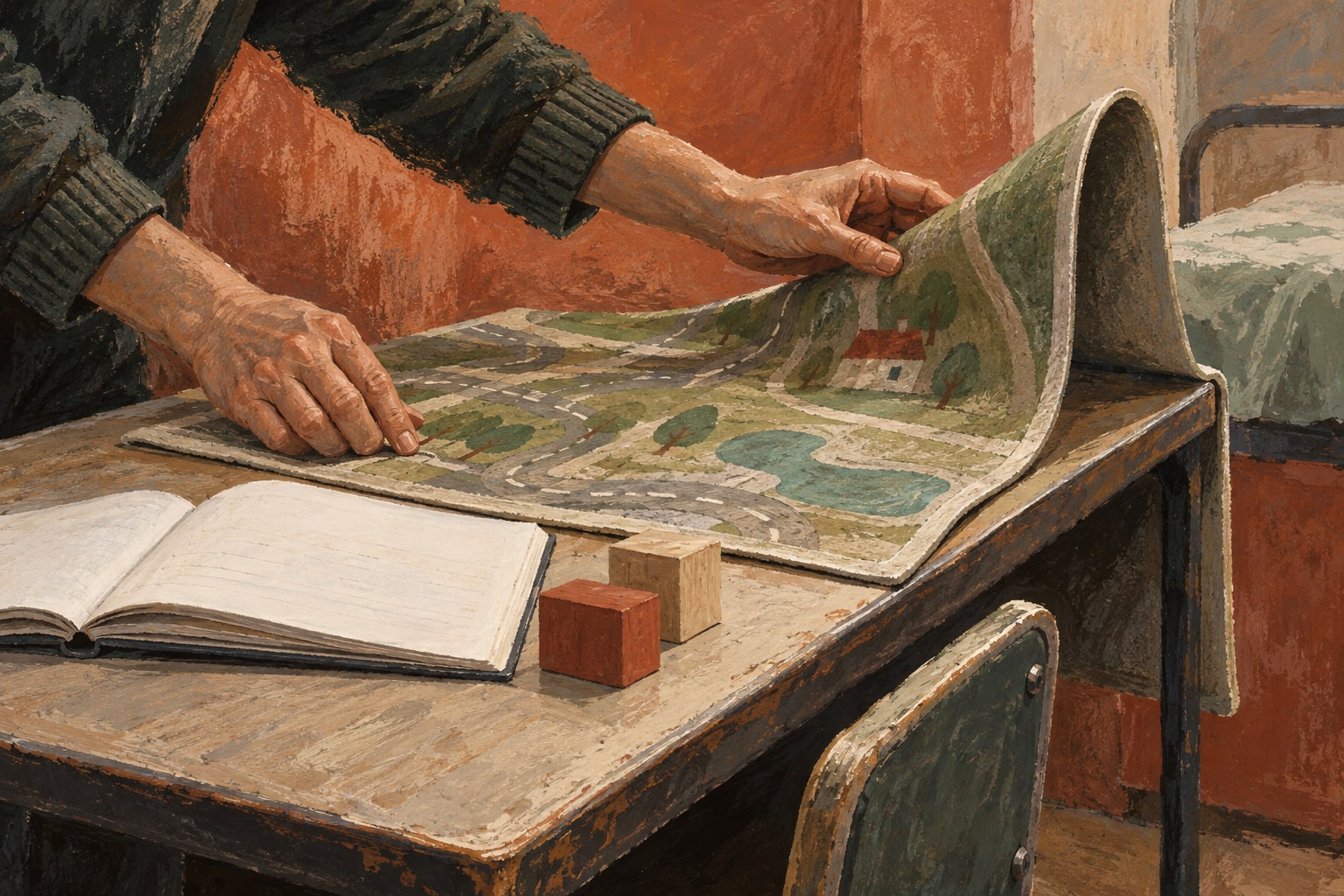 Editorial illustration of hands fitting a play mat beside an exercise book and wooden blocks on a small desk.