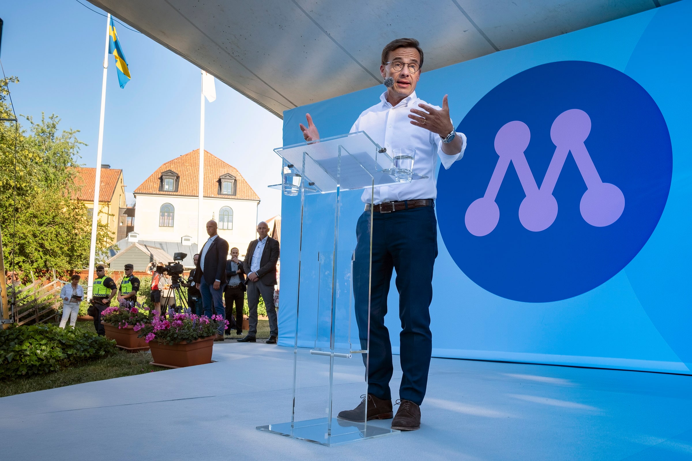 Ulf Kristersson speaks at a Moderate Party event during Almedalen Week in July 2019.