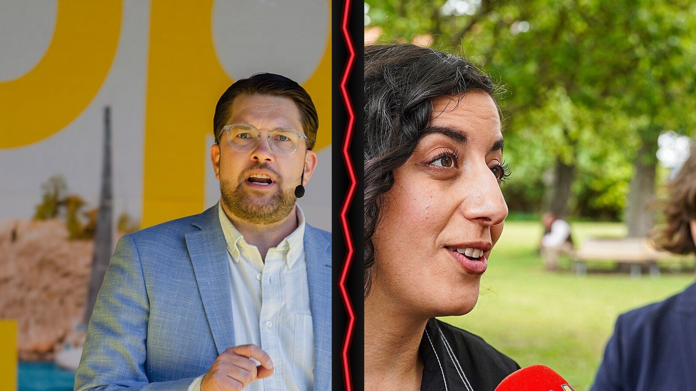 Jimmie Åkesson, left, and Simona Mohamsson, right, in a DailySweden split-panel composite of photographs made separately in 2024 and 2025, separated by a jagged red line across a dark gap