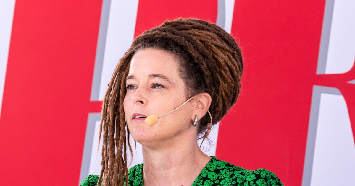 Amanda Lind speaks at Almedalen Week in Visby in June 2026.
