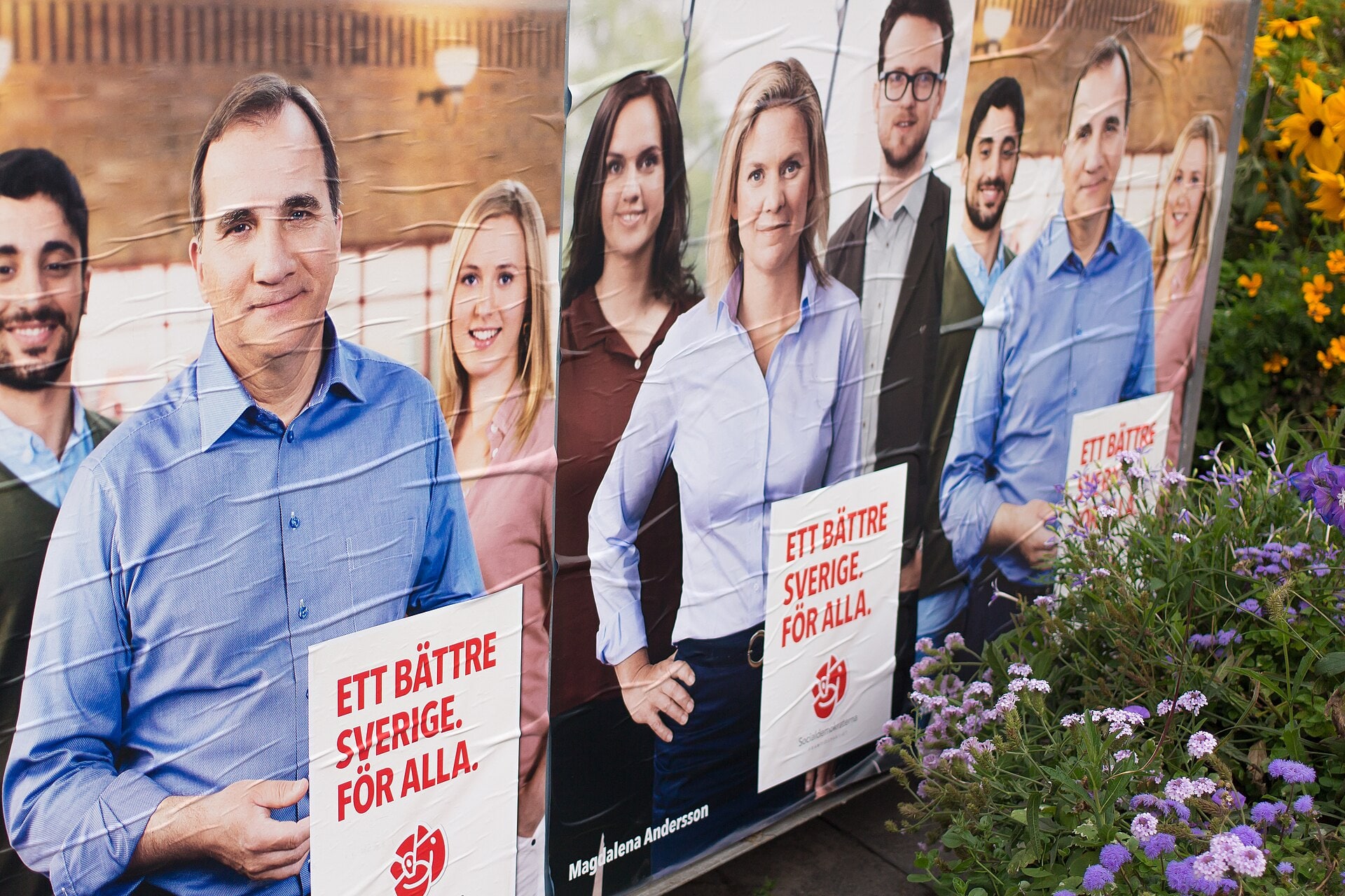 Social Democratic election campaign signs on a street in Malmö.