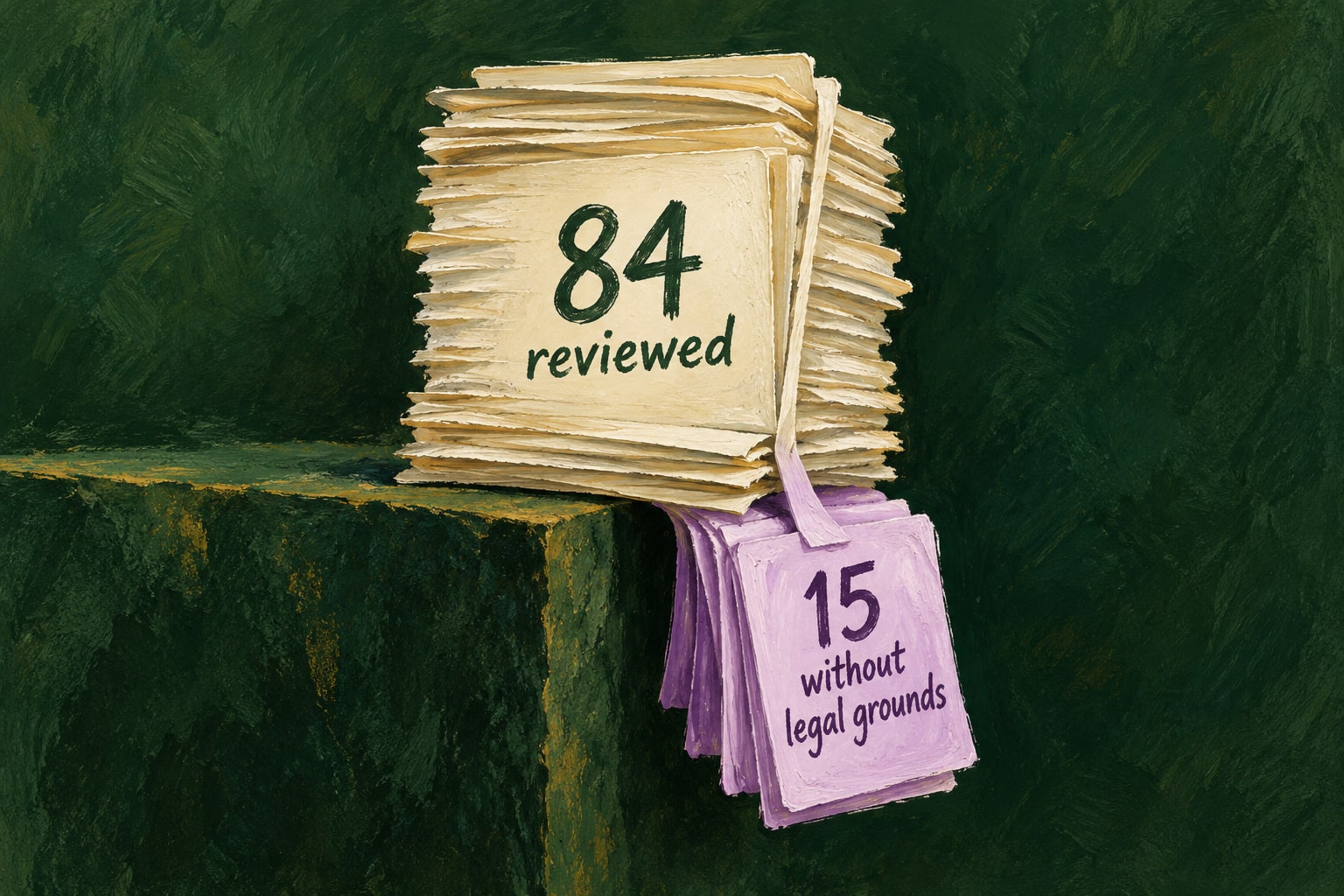 Editorial illustration of 84 reviewed files, with a lilac 15-file subset hanging without legal support.