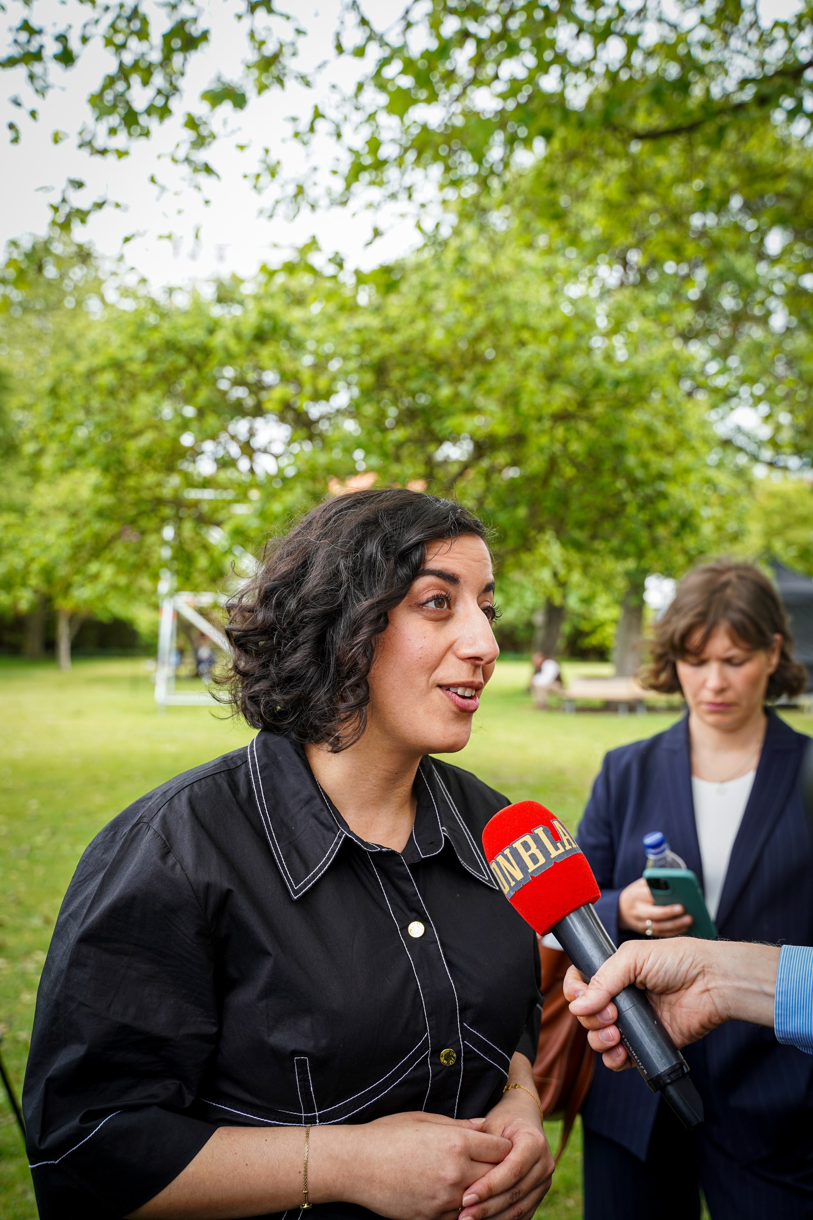 Simona Mohamsson speaking during an interview at Almedalen in June 2025.