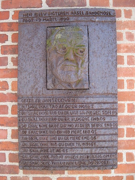 The Janteloven plaque at Aksel Sandemose's childhood home in Nykøbing Mors, Denmark.