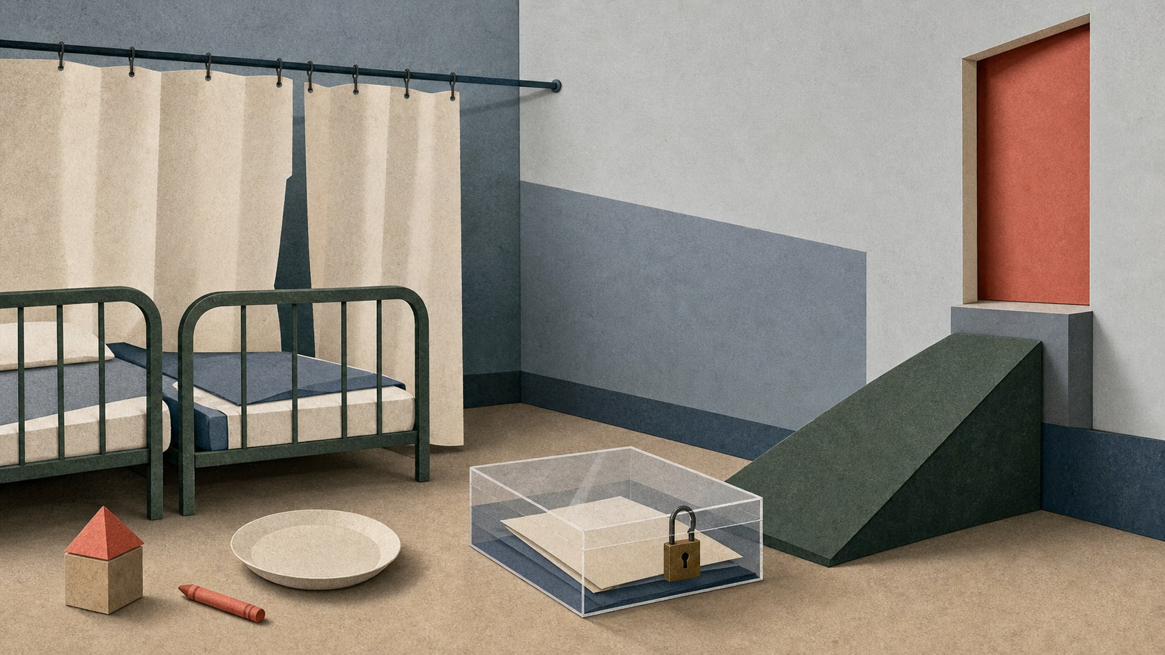 Editorial illustration of cramped beds, failed privacy, locked complaint papers and an inaccessible doorway.