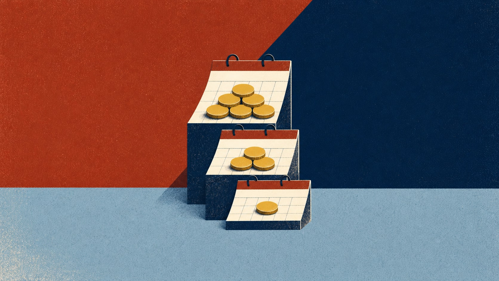 Editorial illustration of unemployment payments shrinking across three calendar stages.