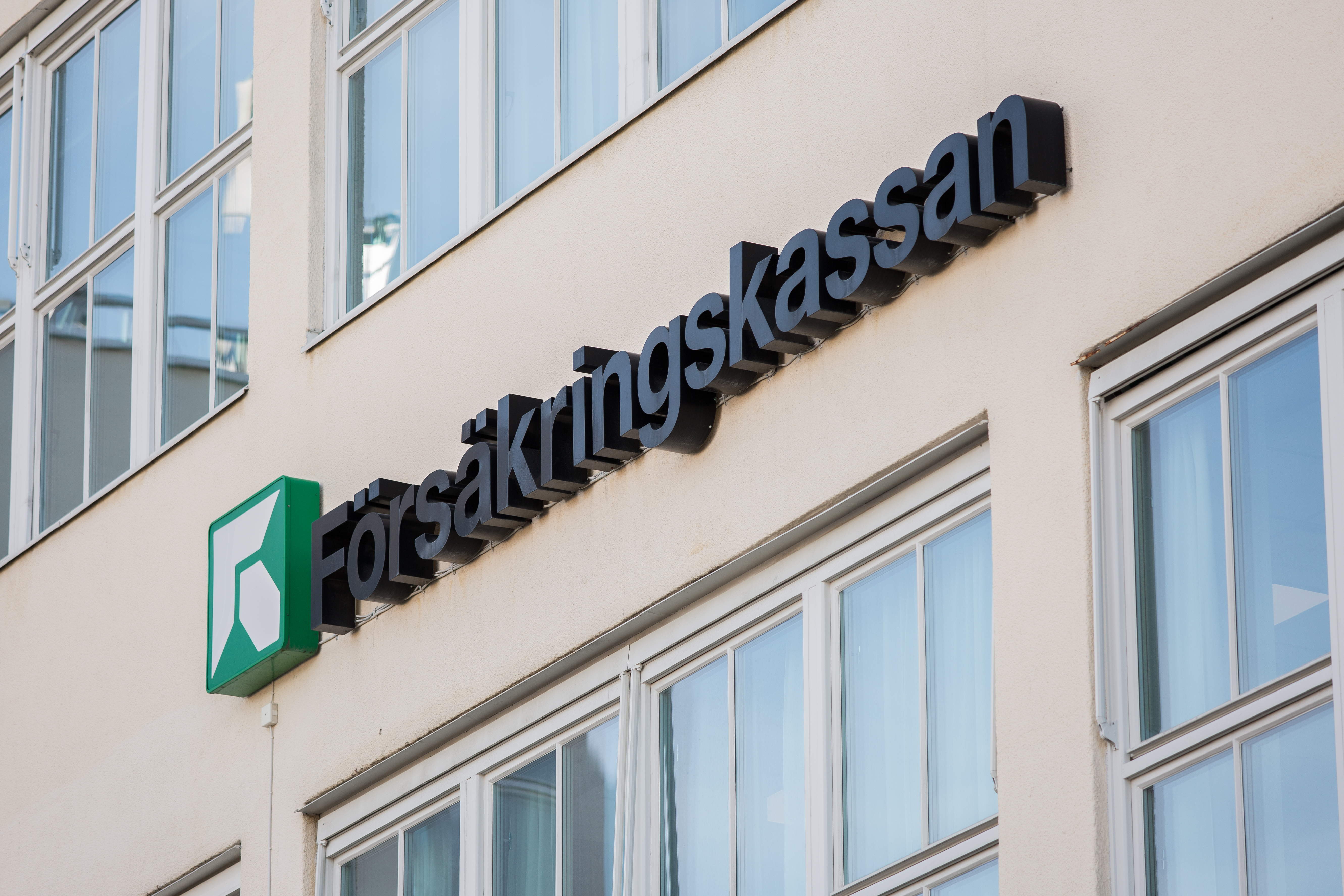 The Försäkringskassan sign on the agency’s main office building in Stockholm.