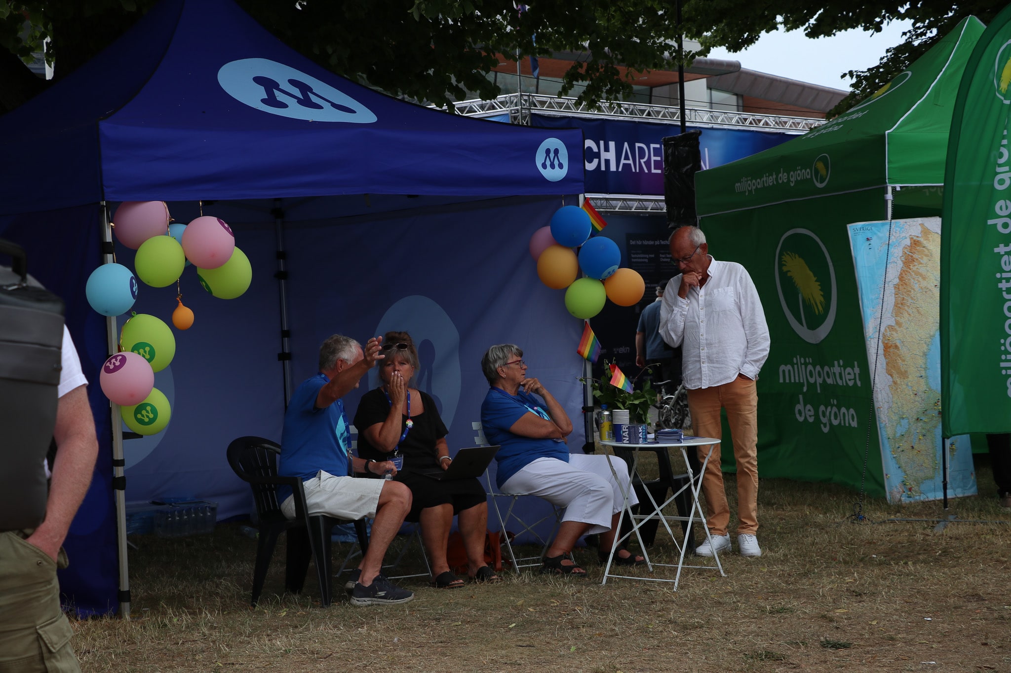 Visitors at the Moderates' public political tent during Almedalen Week in June 2023.