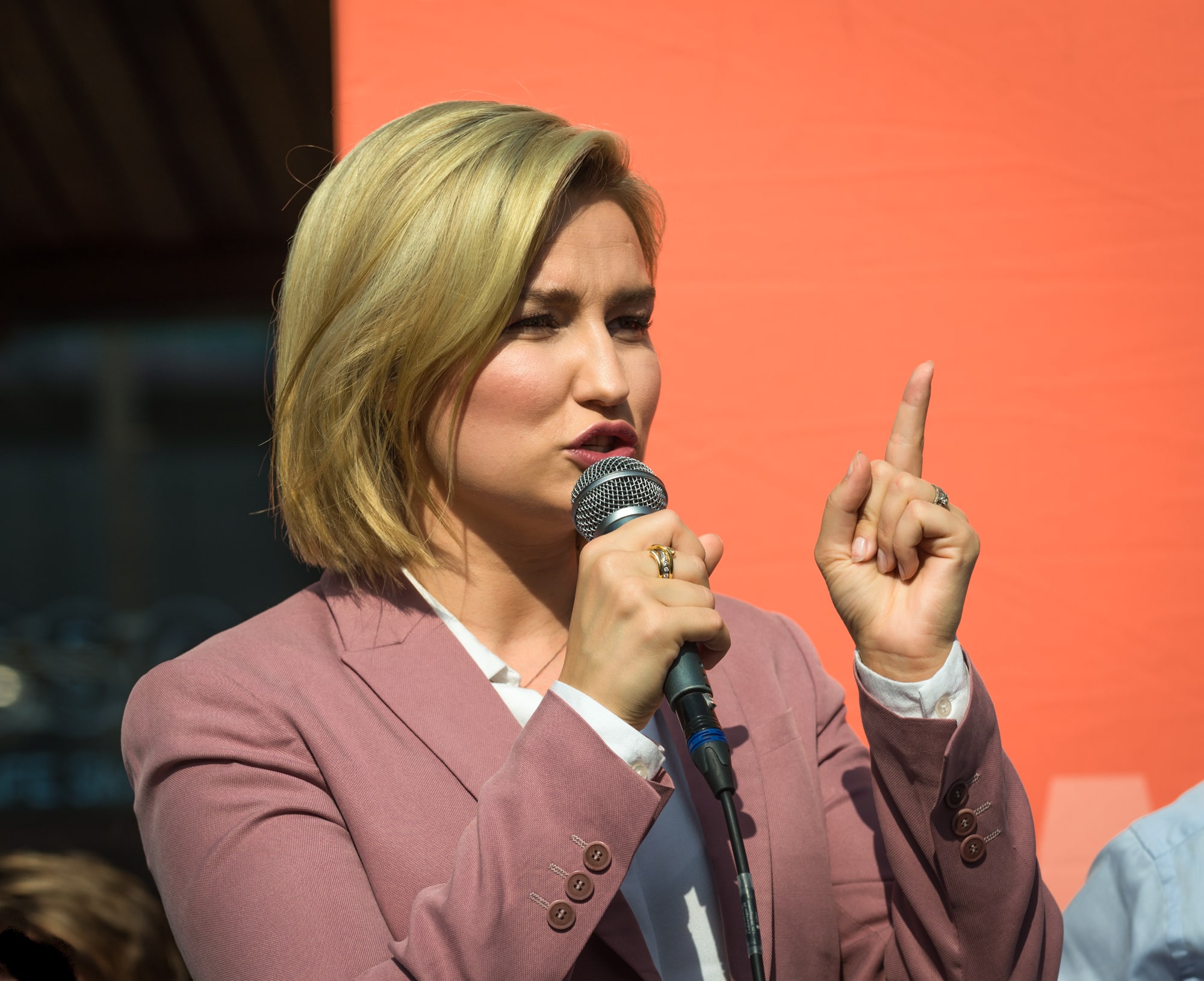 Ebba Busch speaks at Soltorget in central Stockholm on 8 September 2018.