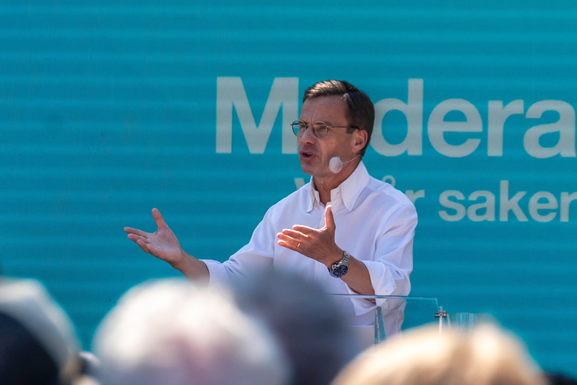 Moderate Party leader Ulf Kristersson speaks at Almedalen Week in June 2024.