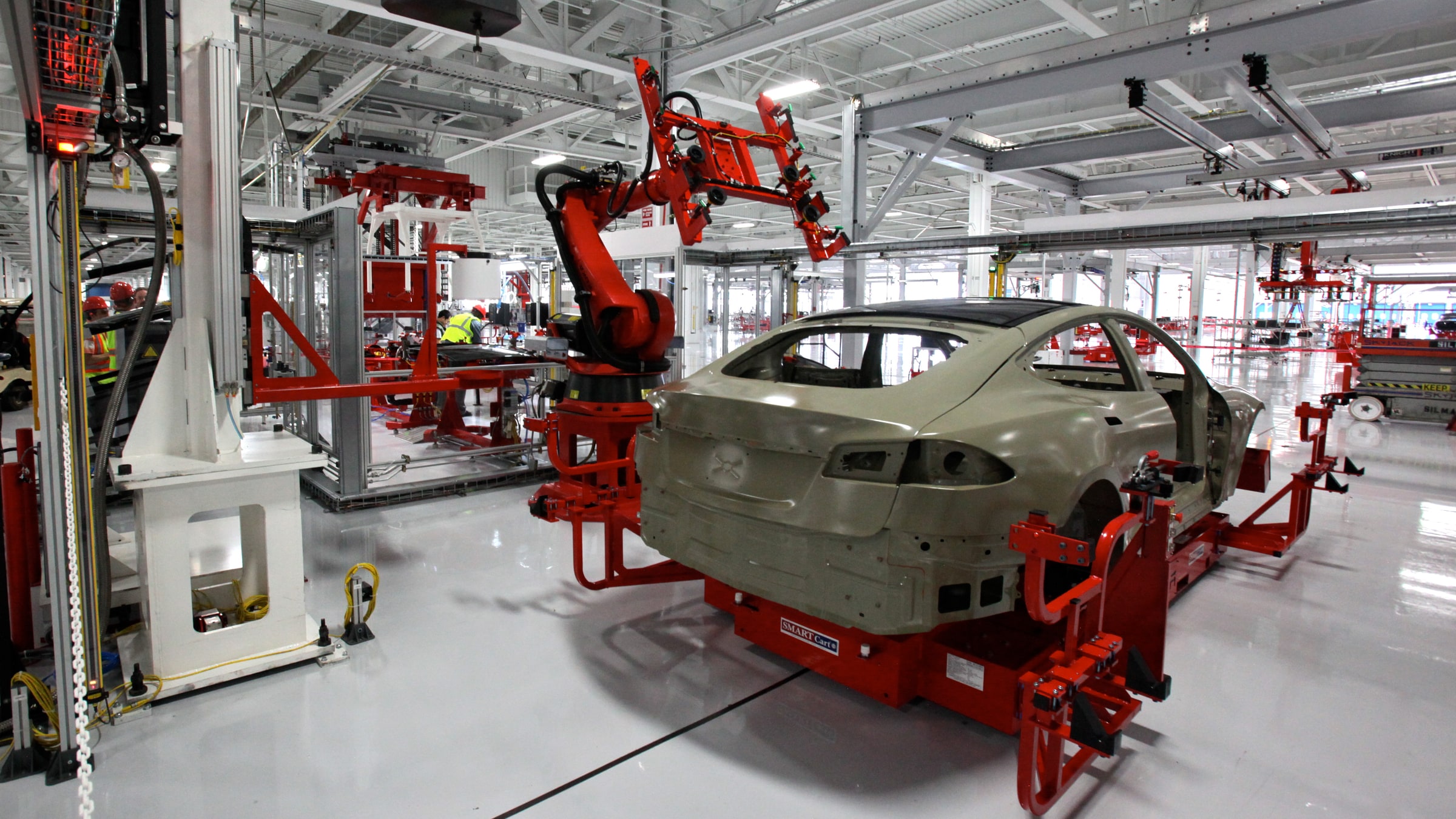A Tesla Model S body on an automated assembly line at Tesla's Fremont factory in 2011.