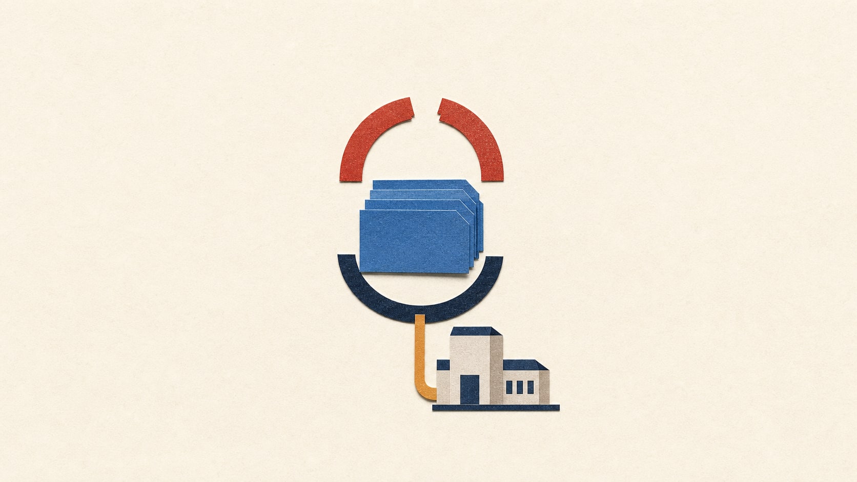 Editorial illustration of blank health-record files between a broken system route and a continuing hospital route.