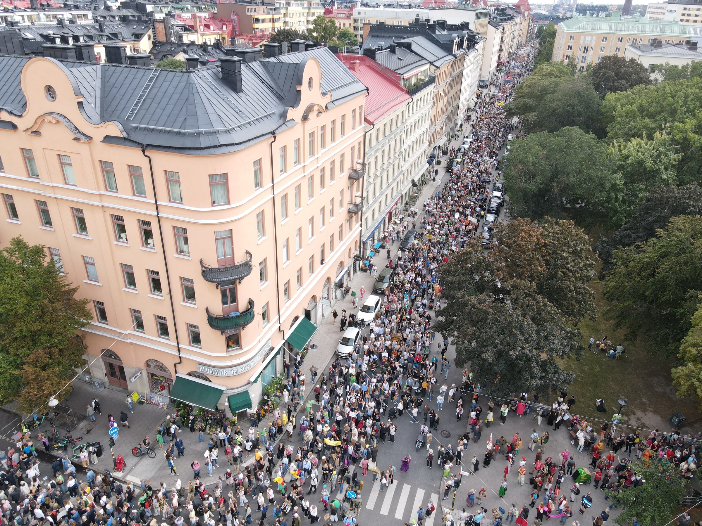 A dense climate-march procession fills a long central Stockholm street beside Vasaparken.