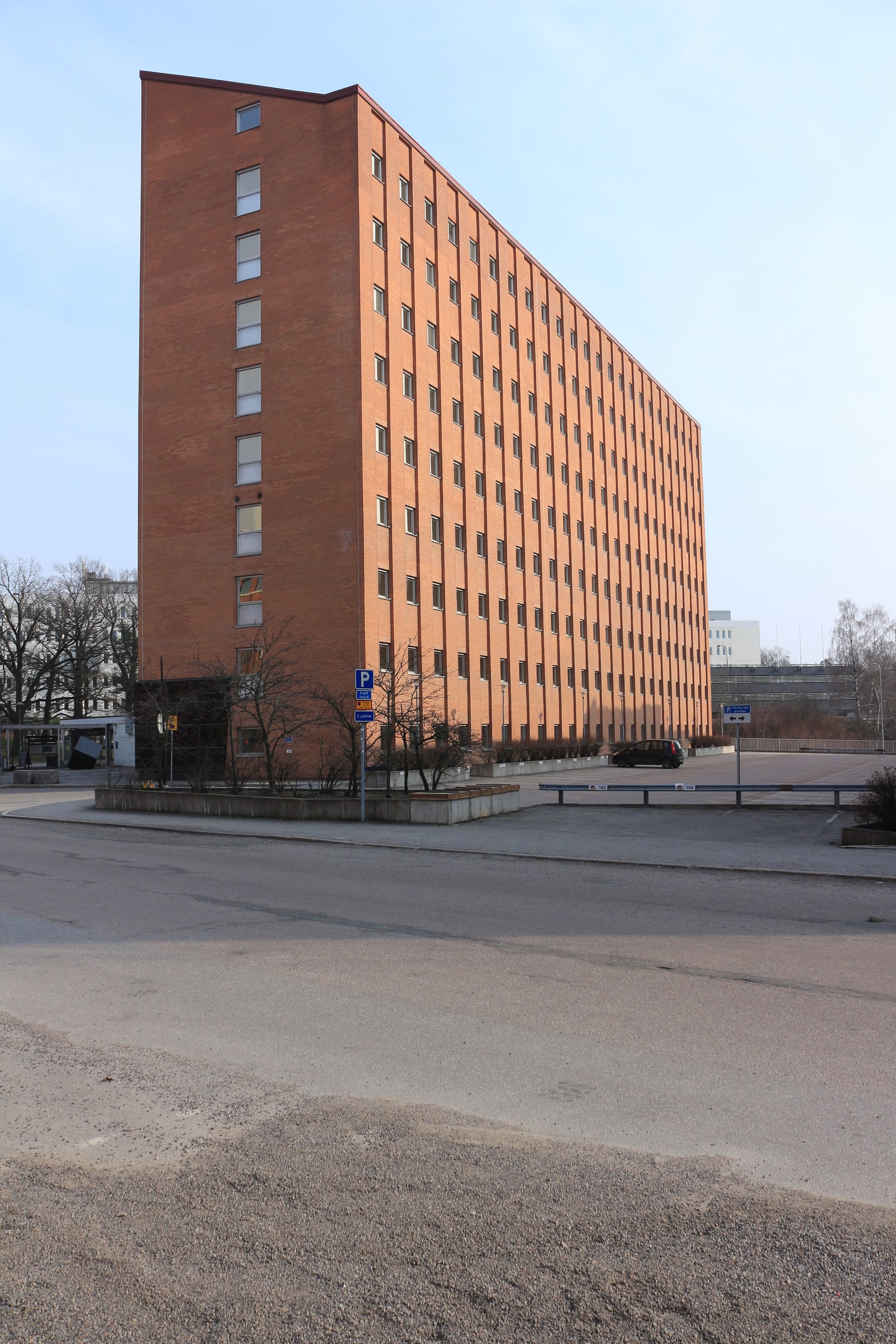 The red-brick block at the Valnöten 2 property in Solna, photographed in March 2021.