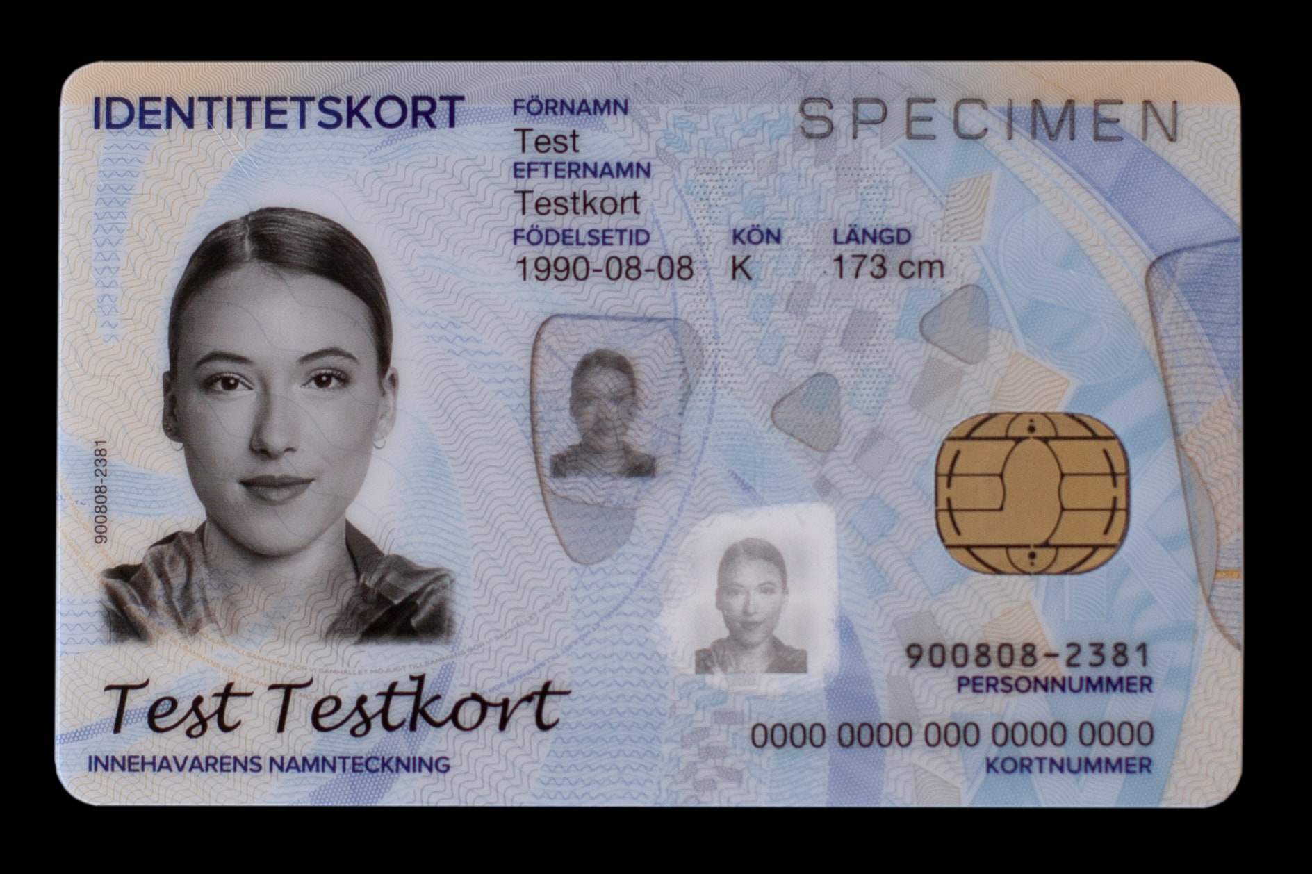 The front of a Skatteverket specimen ID card with chip, test name and security pattern.