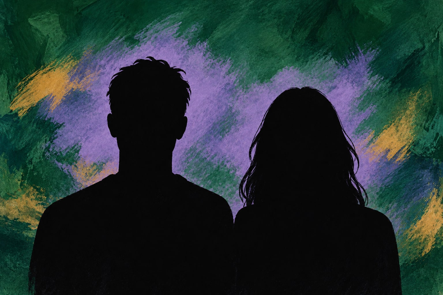 AI-generated illustration of two young adults as chest-up black silhouettes facing the viewer.