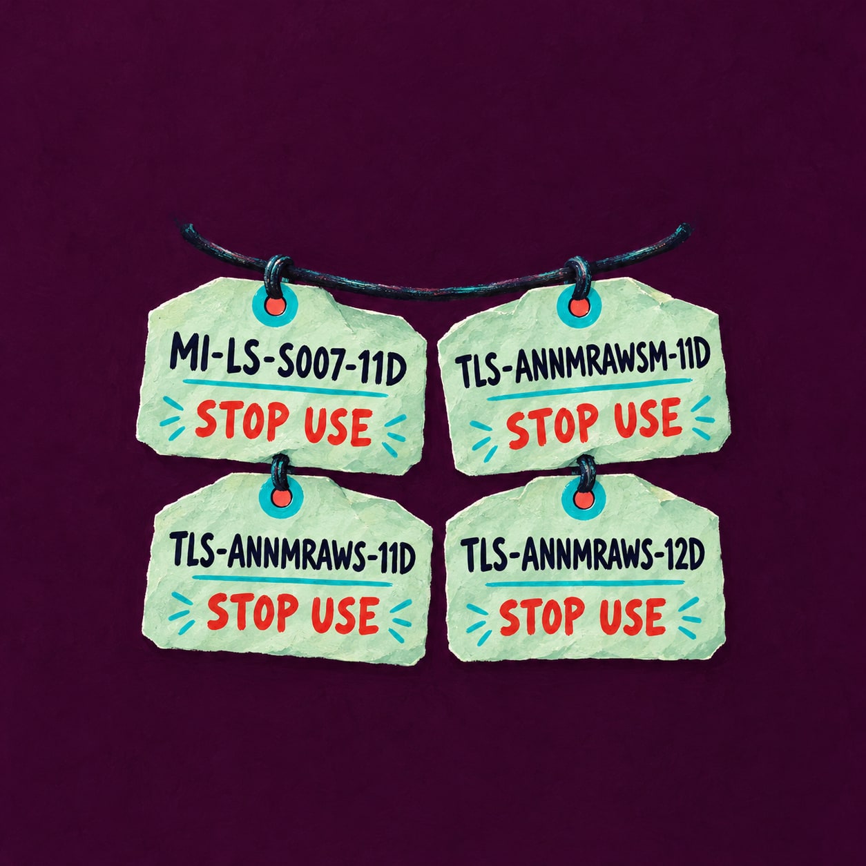 Editorial illustration of four connected recall tags bearing INF product numbers and Stop use.