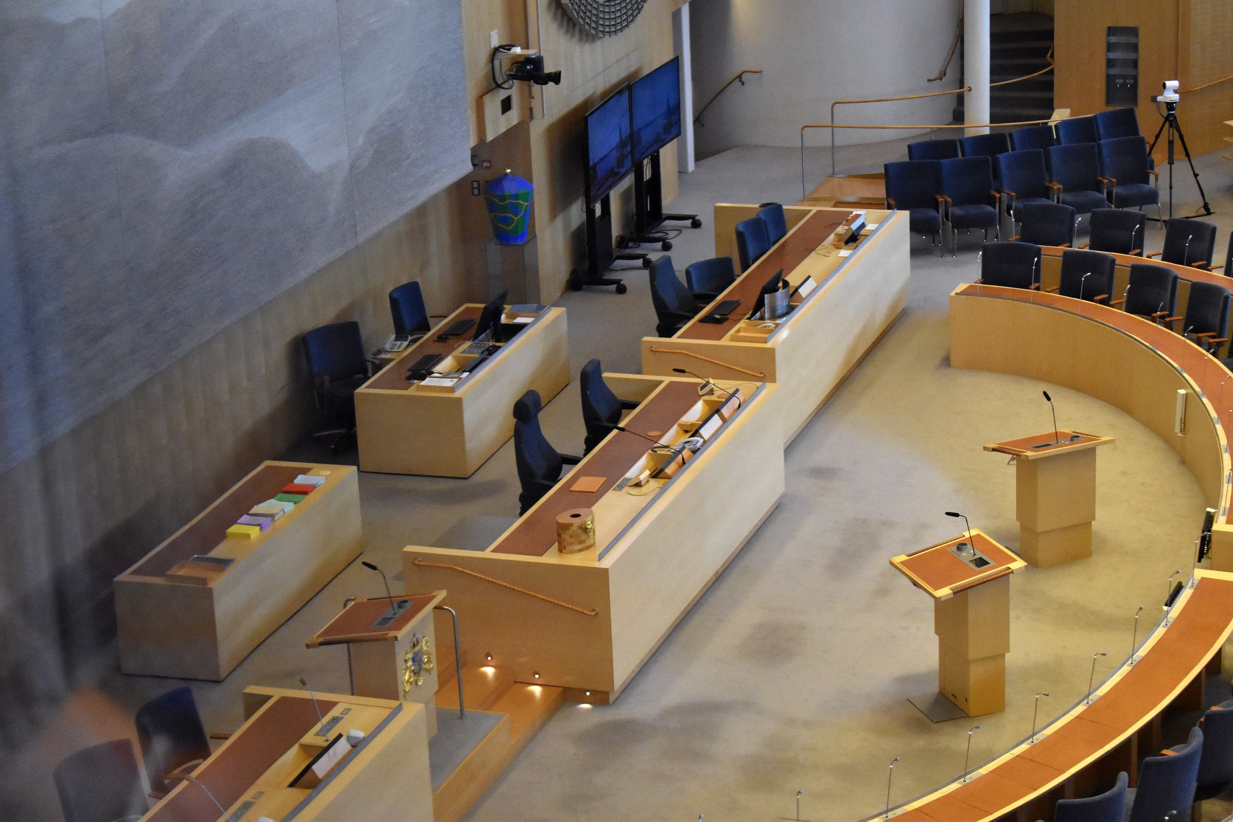 The Speaker’s platform, rostrums and benches in the Swedish Parliament chamber, photographed in August 2019.