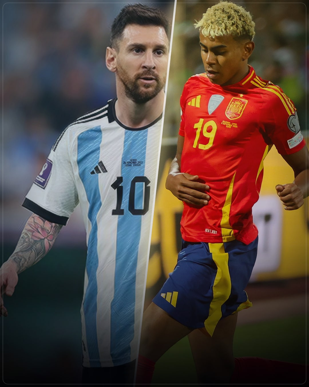 Lionel Messi in Argentina colours and Lamine Yamal in Spain colours arranged in a split-screen football graphic.