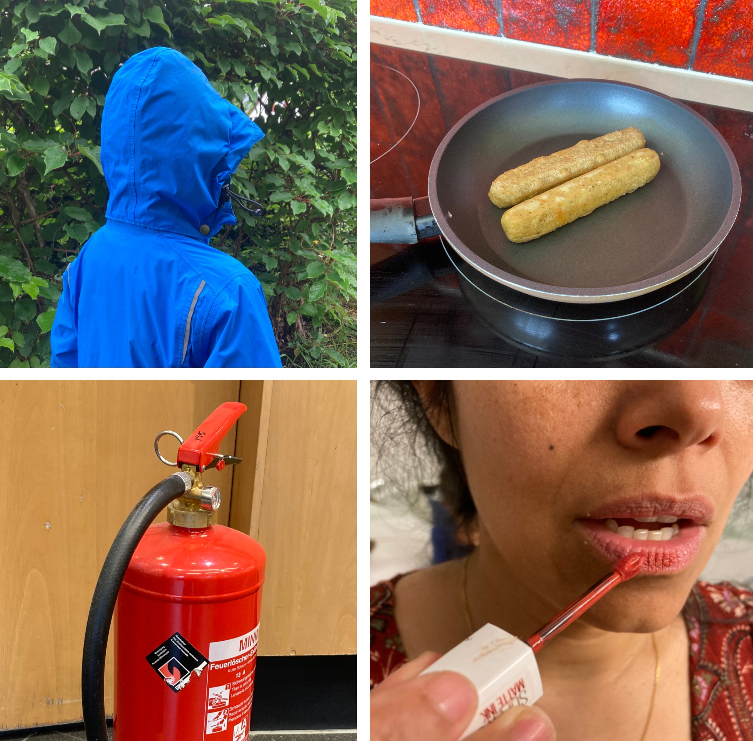 Four photographs show blue rainwear, non-stick frying pans, a foam fire extinguisher and cosmetics.
