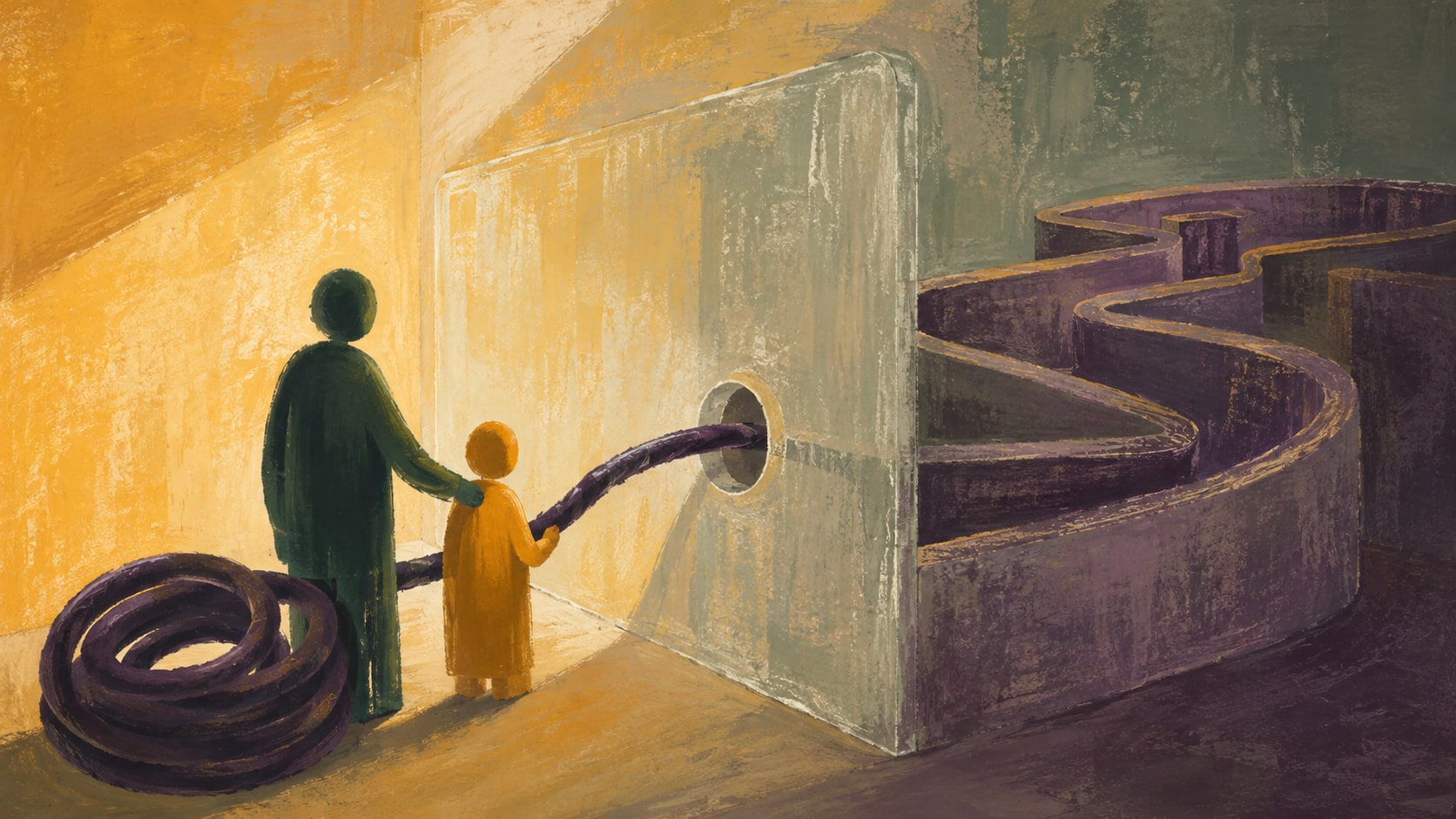 Editorial illustration of an adult and smaller figure sending a heavy line toward a blocked response path.