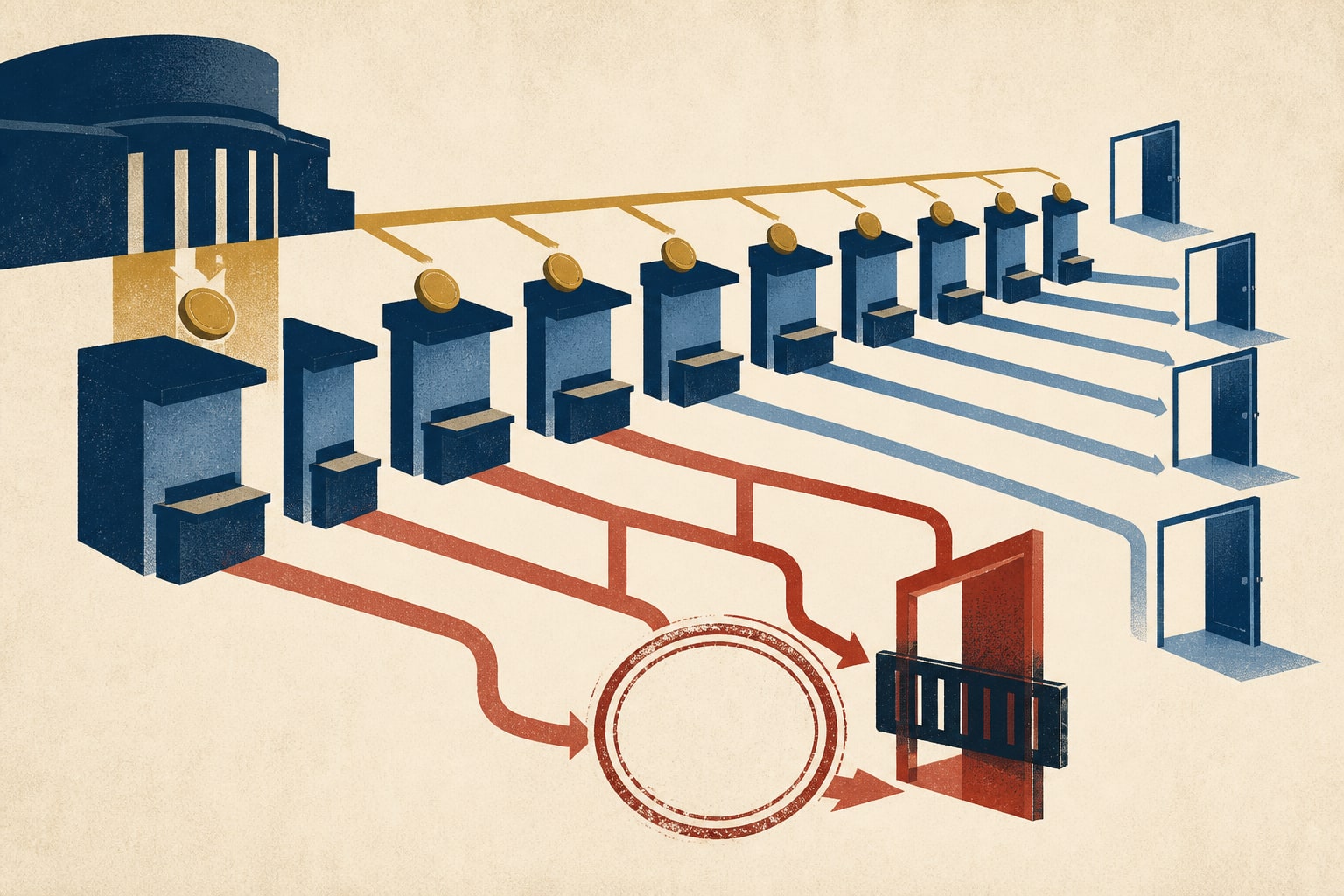 Editorial illustration of funded job-support booths, with some routes looping into false attendance or ending at a barrier.