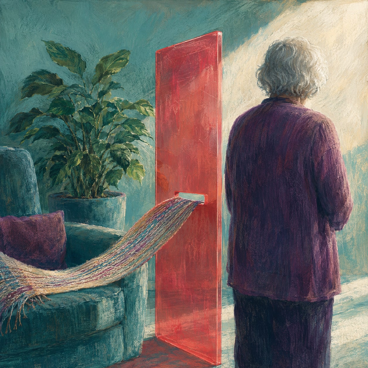 Editorial illustration of an older figure separated from a familiar home by a narrow translucent barrier.