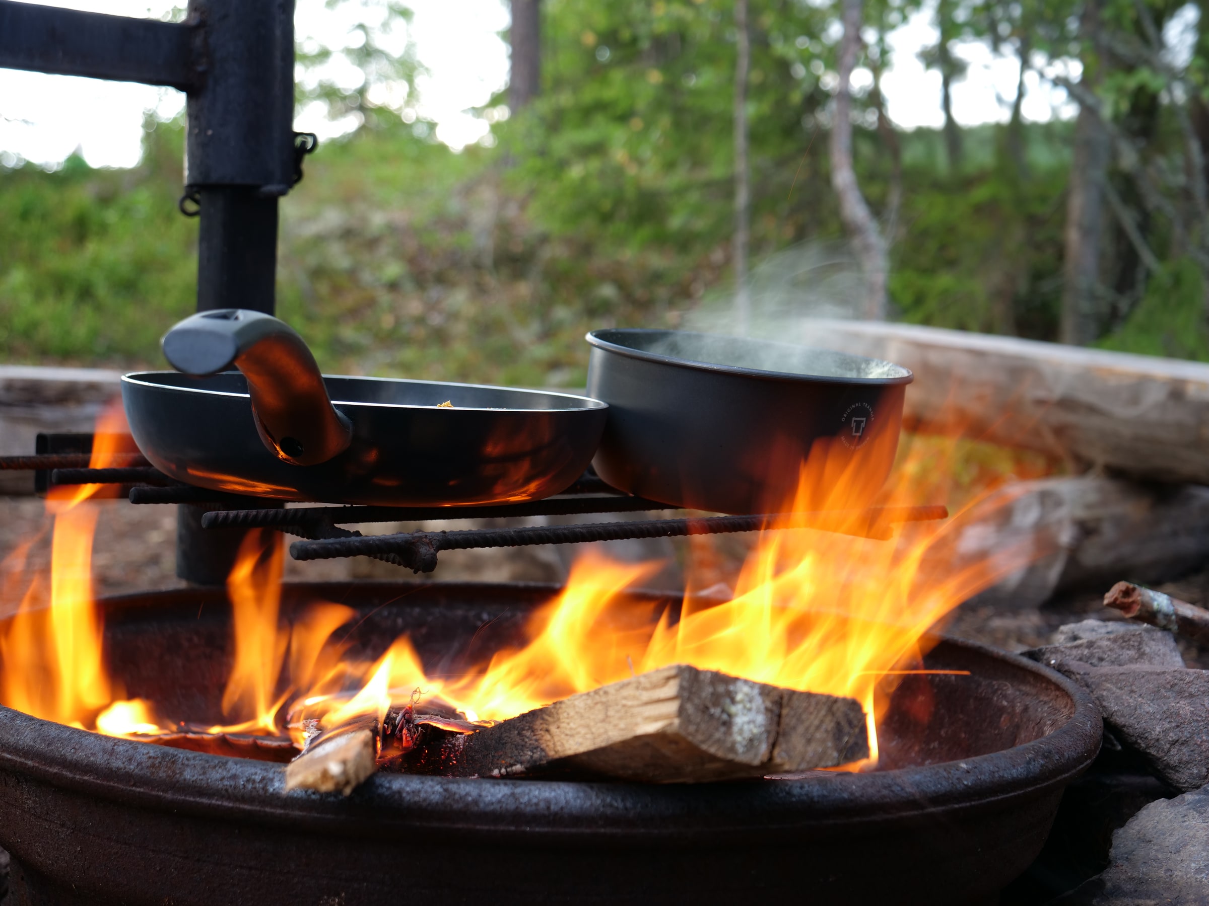 Pans and a pot sit above a campfire in a Swedish forest.