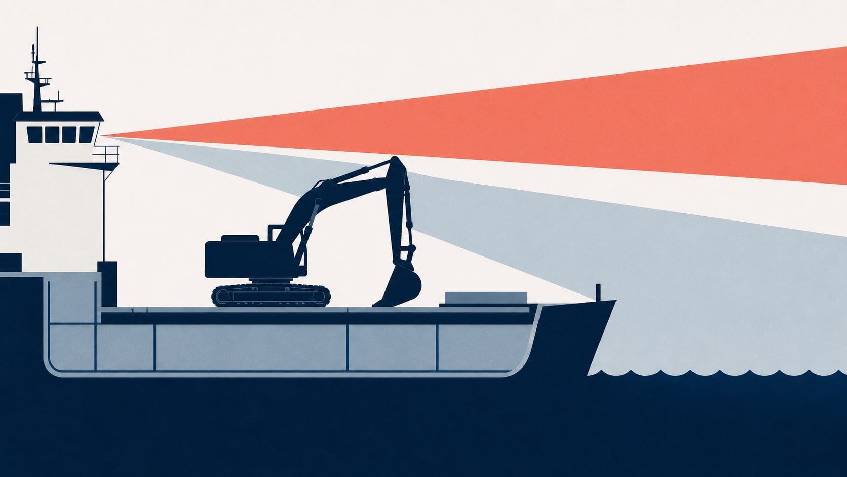 Editorial illustration of a cargo ship bridge sightline blocked by deck machinery.