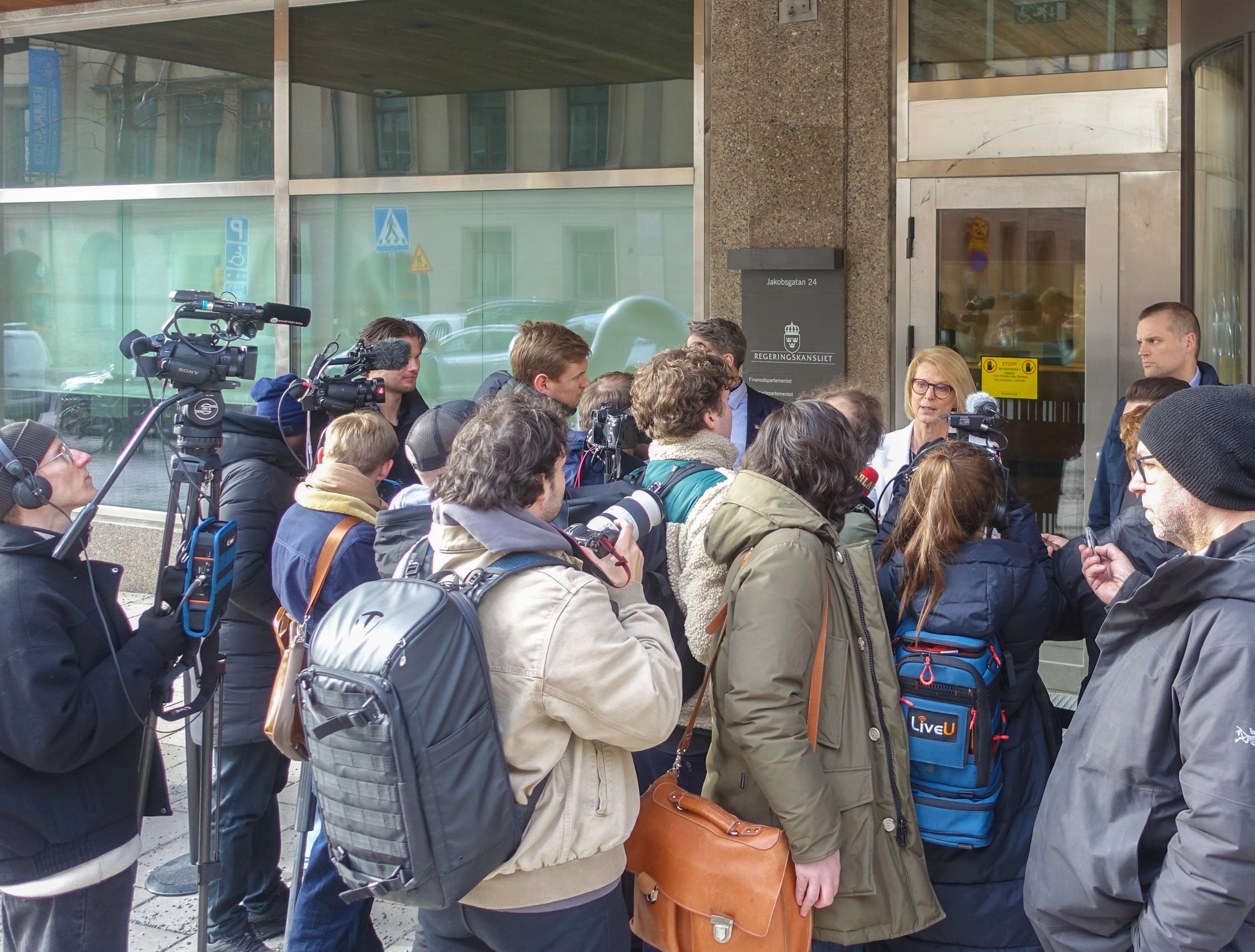 Finance Minister Elisabeth Svantesson speaks to news media outside the Ministry of Finance in March 2023.