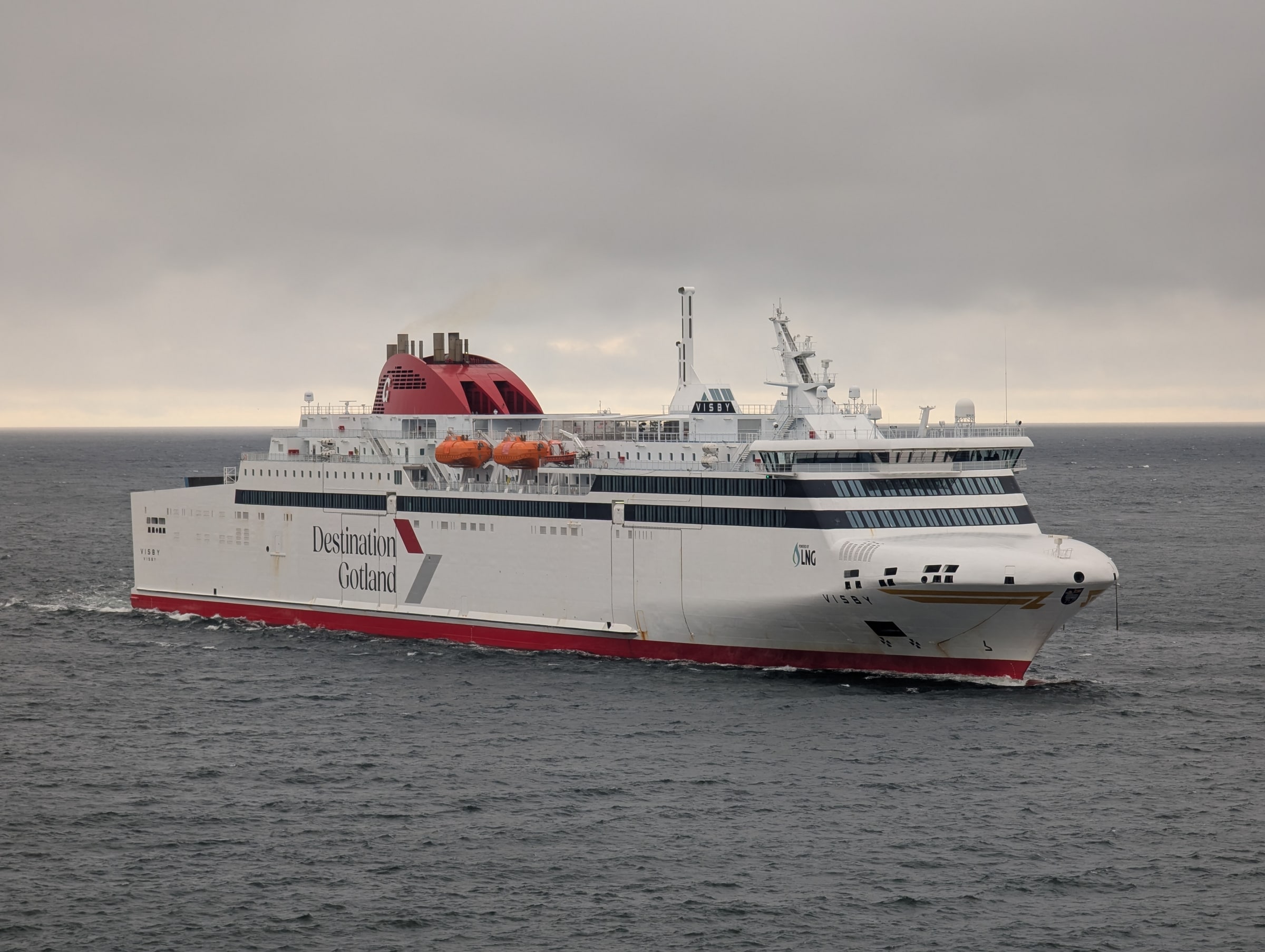 Destination Gotland’s white and red Visby ferry approaching Visby, photographed in September2025.