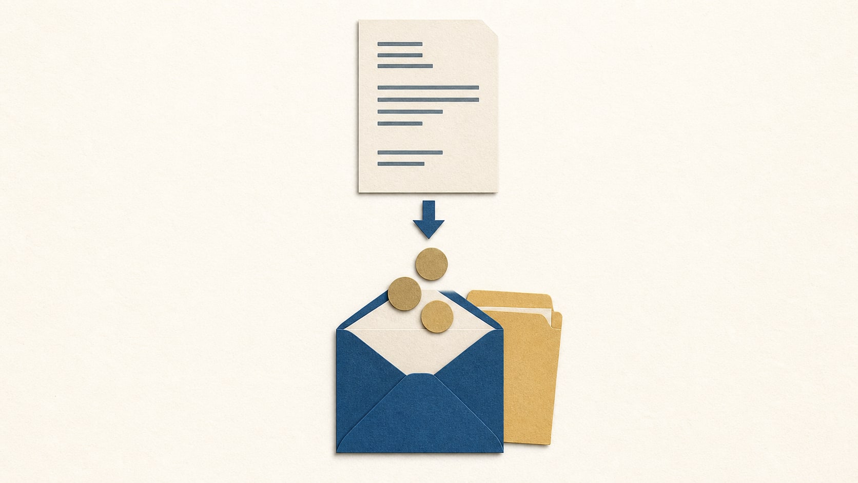Editorial illustration of a judgment leading directly to a compensation envelope and application folder.