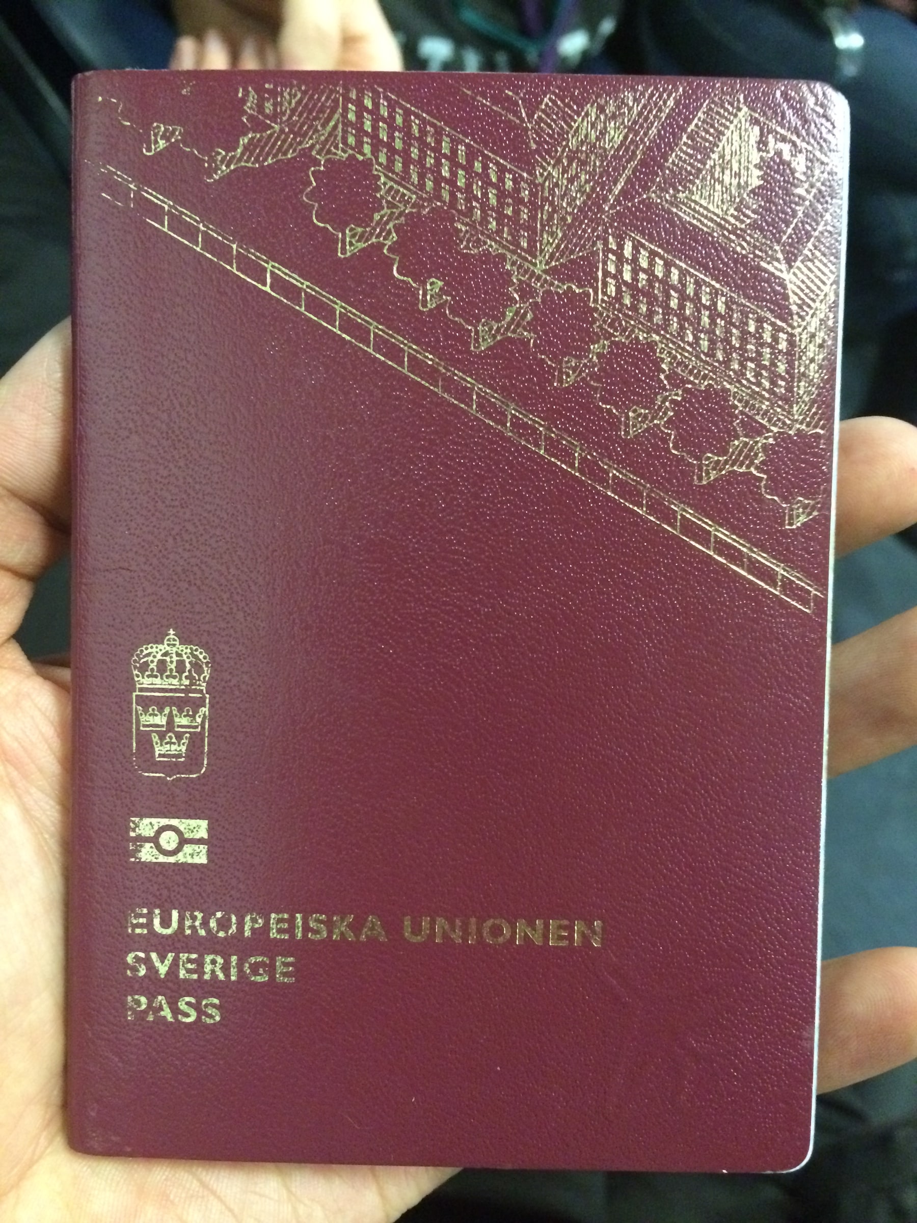 A hand holding a burgundy Swedish passport with Sweden and passport lettering visible.