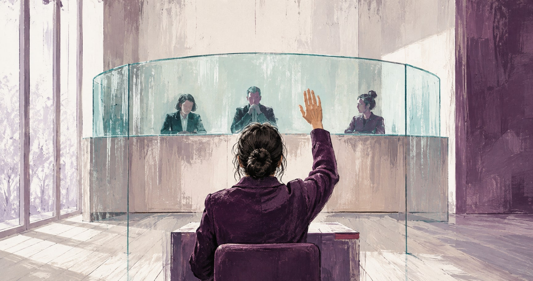 Editorial illustration of an anonymous woman raising her hand toward three listeners across a translucent barrier.