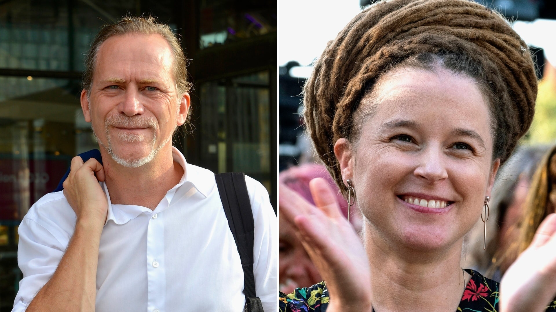 Green Party co-leaders Daniel Helldén and Amanda Lind in a side-by-side editorial composite.