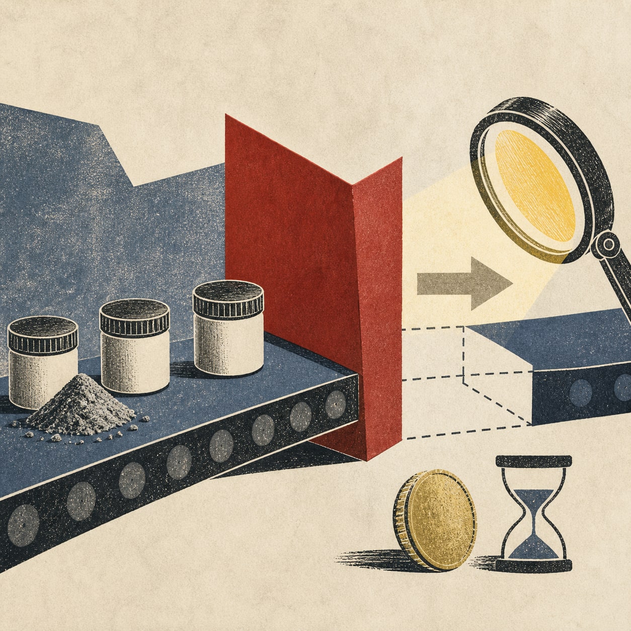 Editorial illustration of sealed material samples stopped before a toxicology testing station by a red barrier.