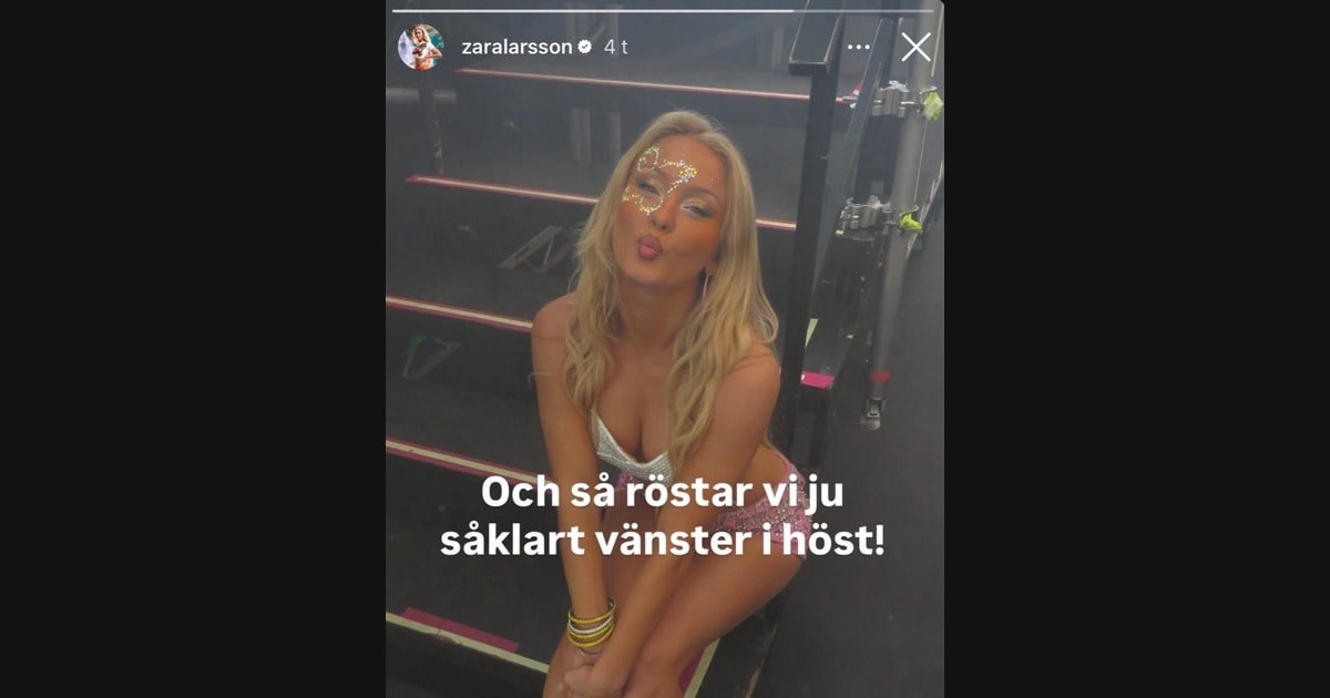 Instagram Story screenshot from Zara Larsson showing the singer backstage with Swedish text urging followers to vote left in the autumn election.