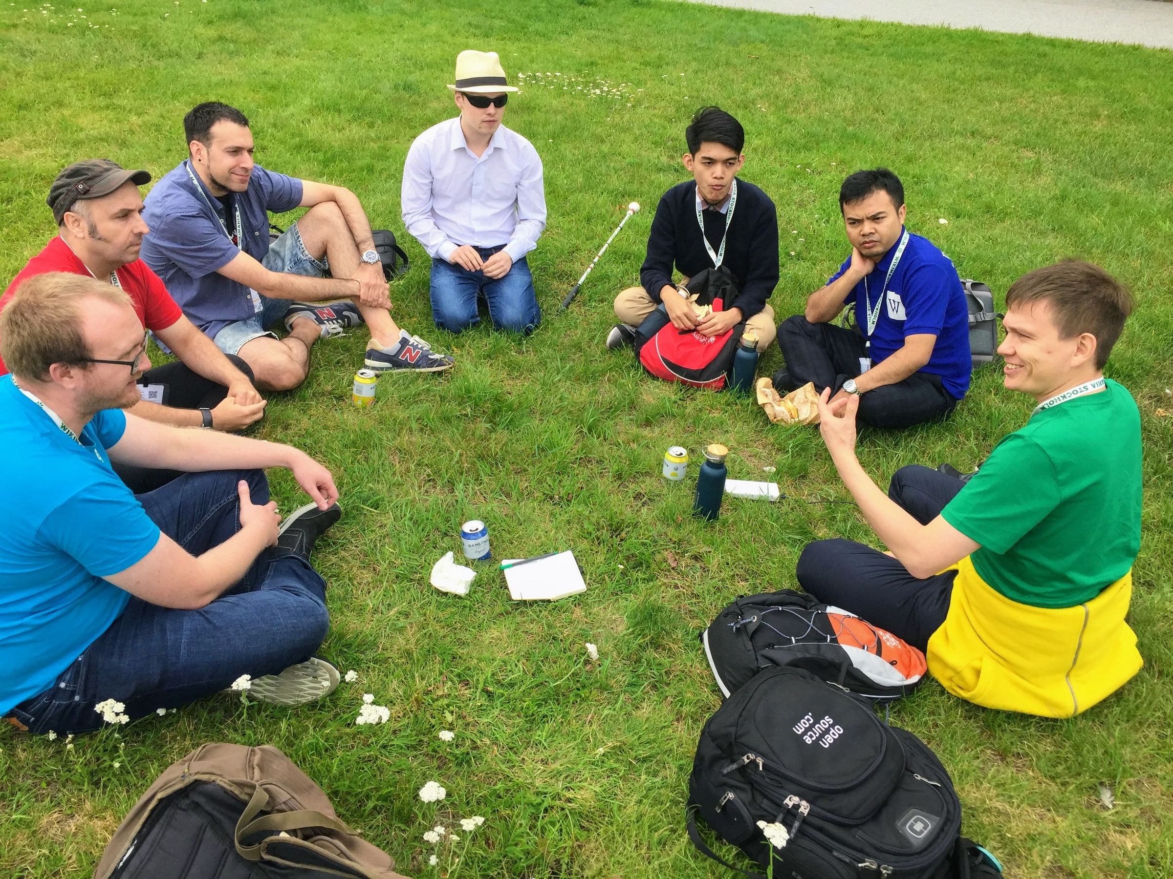 Seven adults sit in a circle on grass during a Wikimania 2019 meetup in Stockholm.