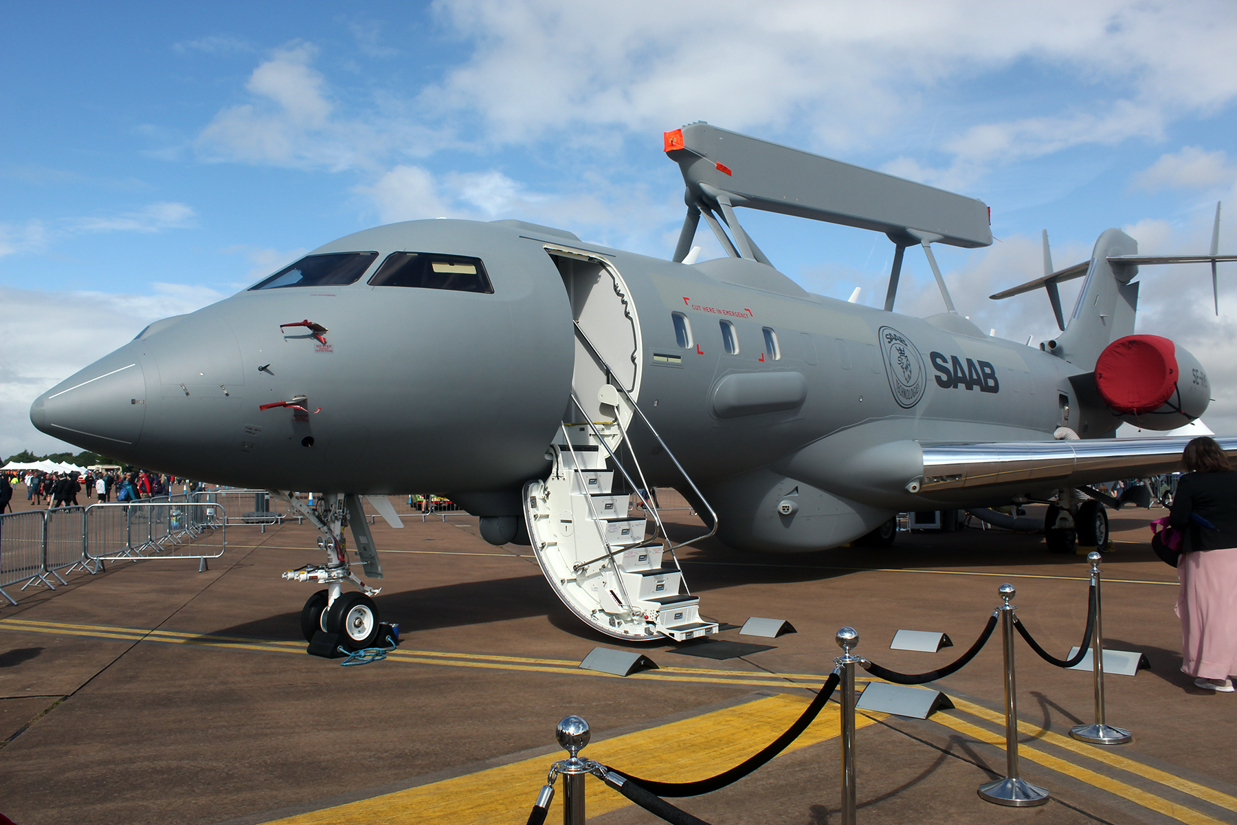 A Saab GlobalEye surveillance aircraft displayed at the Royal International Air Tattoo.