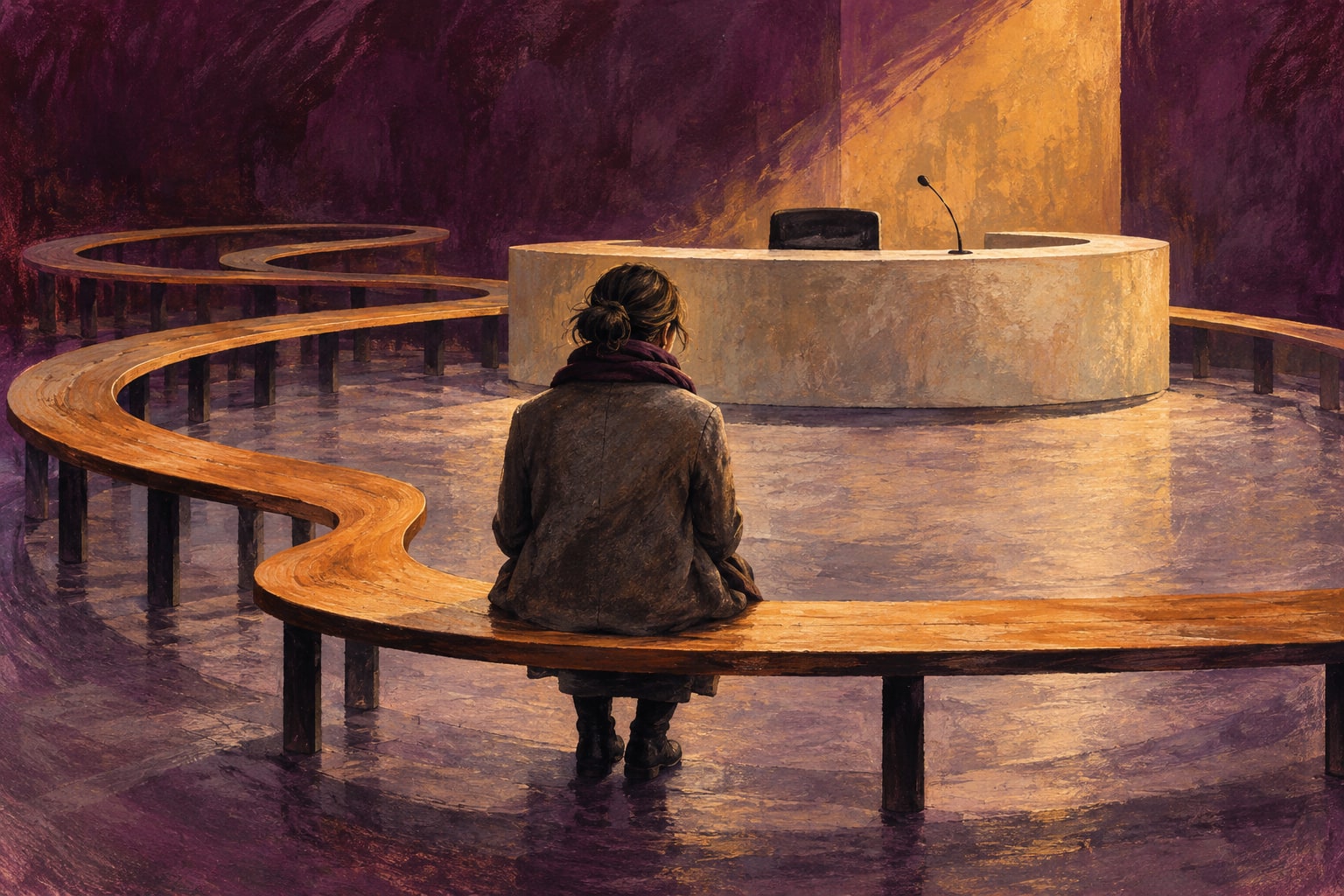 Editorial illustration of an anonymous person waiting on a looping bench facing a courtroom hearing desk.