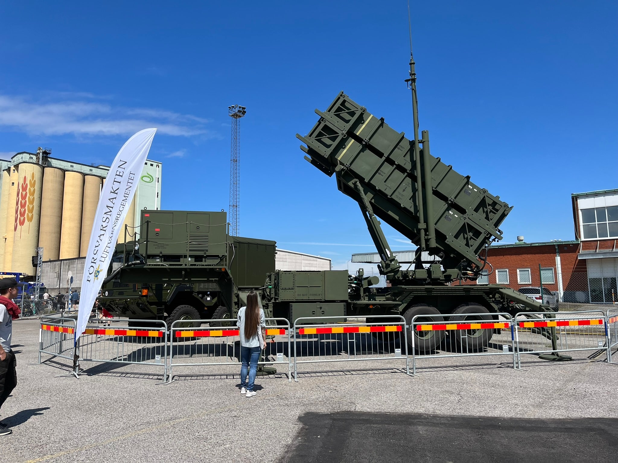 A Swedish Patriot launcher displayed behind barriers in Malmö in June 2022.