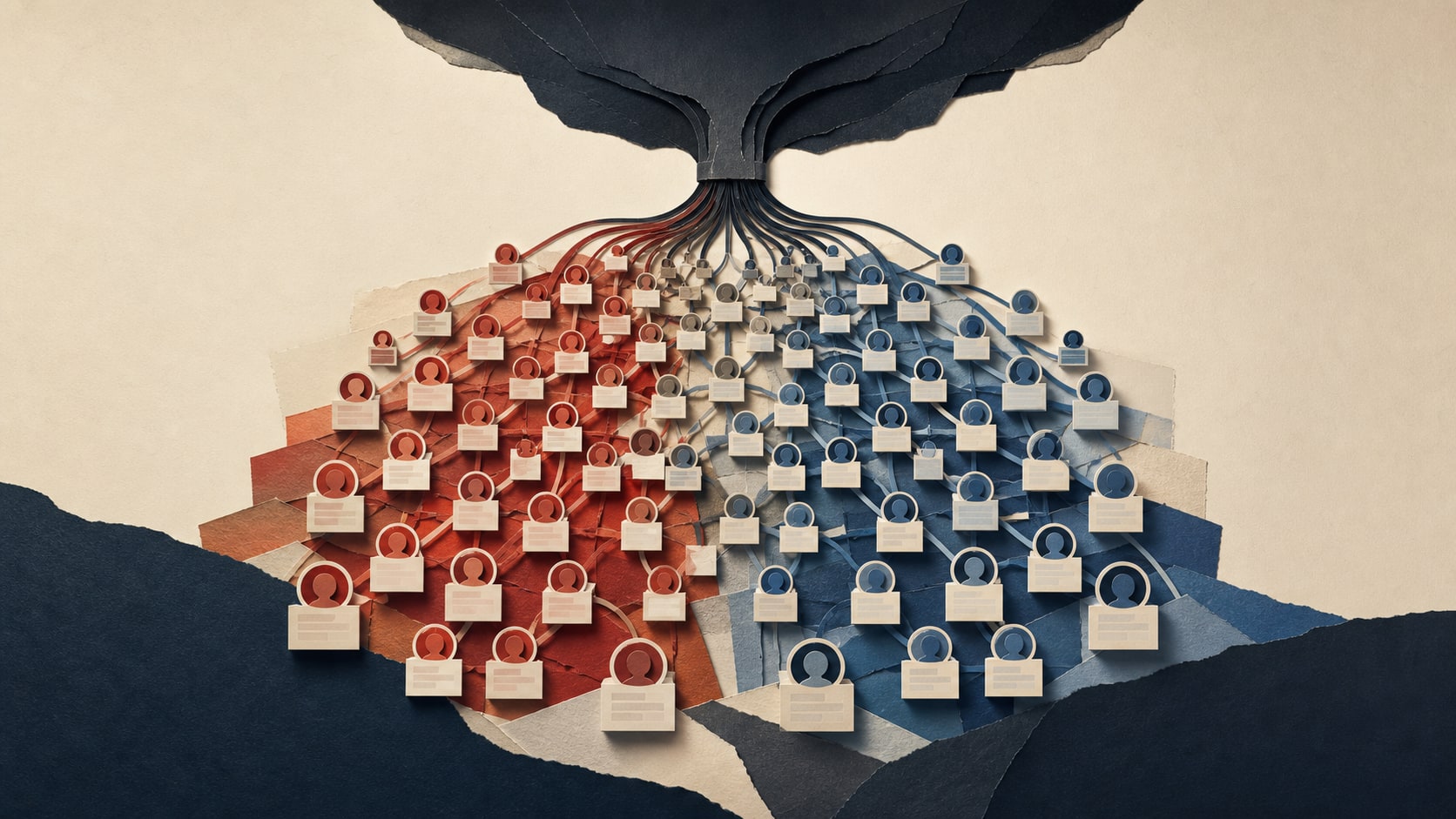 Editorial illustration of one source feeding a large network of anonymous accounts split into opposing red and blue streams.